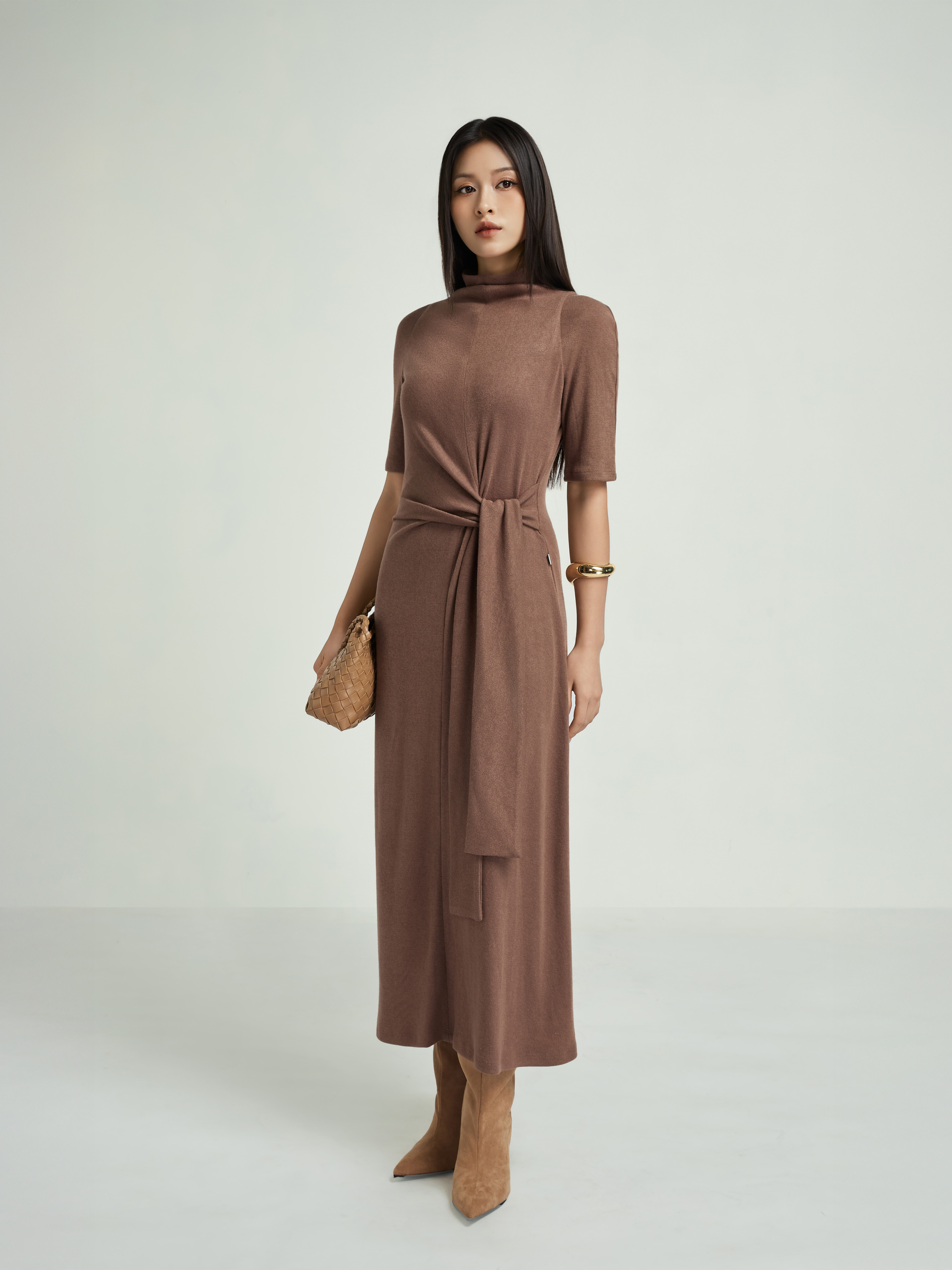 Váy len tay cộc thắt dây eo